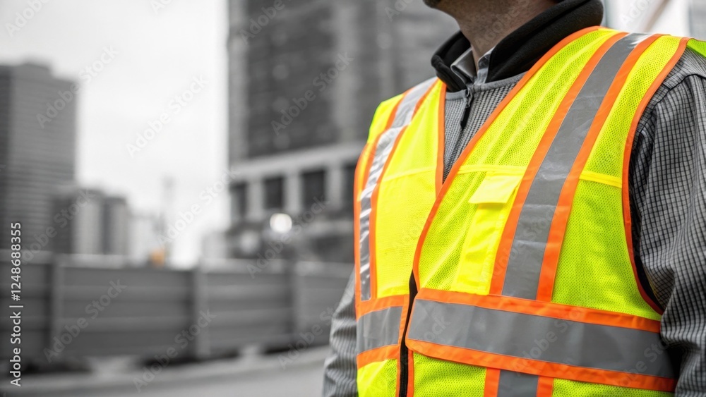 Medium closeup focusing on the workers reflective safety vest with bright yellow and orange accents brightly contrasting against the gray urban background emphasizing his role as a Medium closeup focusing on the workers reflective safety vest with bright yellow and orange accents brightly contrasting against the gray urban background emphasizing his role as a