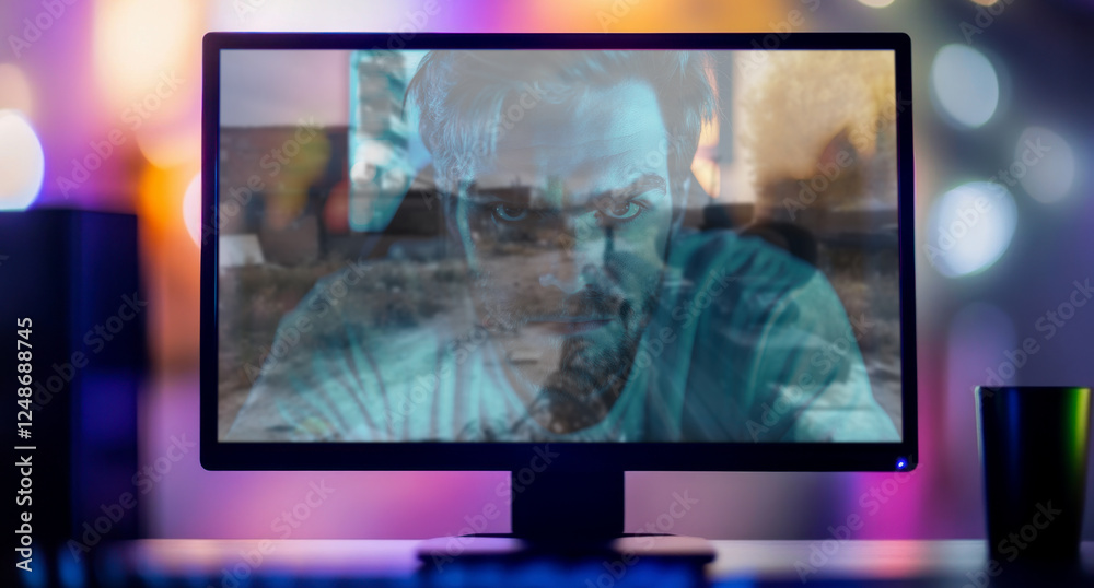 Fototapeta premium Adult gamer plays a shooting computer game, his focused face is reflected in the monitor