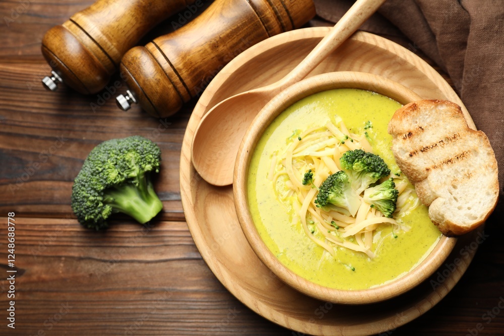 Delicious broccoli cream soup served on wooden table, flat lay Delicious broccoli cream soup served on wooden table, flat lay
