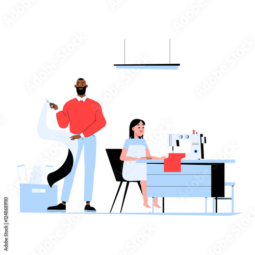 Fashion Designer And Seamstress In Flat Vector Illustration Symbolizing Clothing Design, Tailoring, And The Fashion Industry, Isolated On White Background.