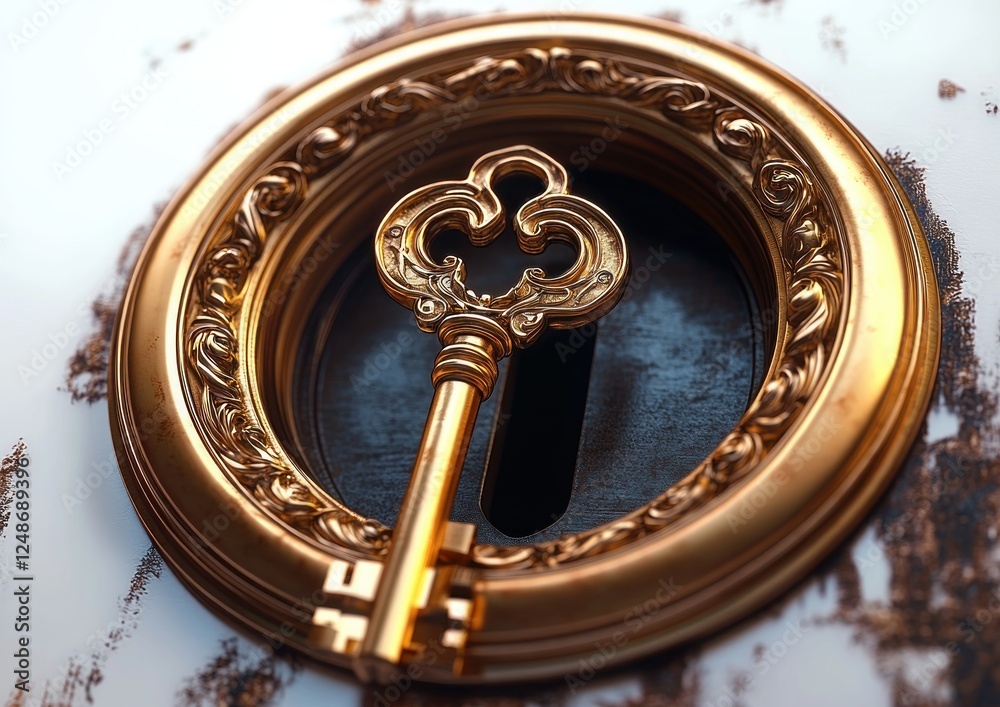 Obraz premium Intricate Golden Key in Vintage Lock Close-Up