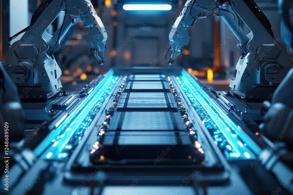 custom made wallpaper toronto digitalfuturistic automated assembly line with robotic arms precisely assembling electric vehicle batteries, bathed in cool blue industrial lighting