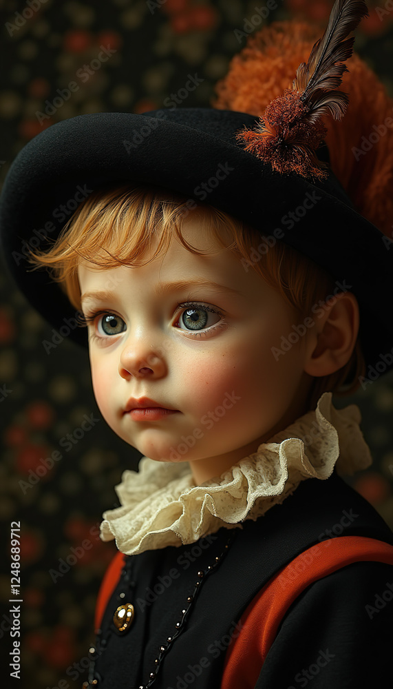 Classical Portrait of Young Child in Historical Costume Against Dark Floral Classical Portrait of Young Child in Historical Costume Against Dark Floral