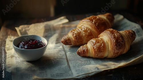 Freshly baked croissants with homemade jam served on newspaper in a cozy kitc...