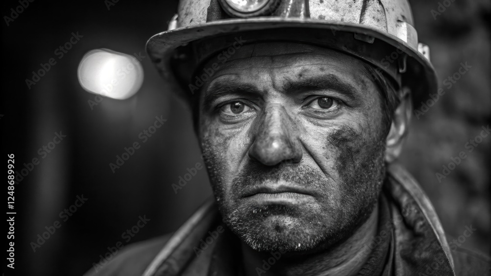 The closeup portrait captures the miner at rest his breathing heavy and laboring. Smudges of dirt are engraved on his brow while droplets of sweat mingle with the grime creating a The closeup portrait captures the miner at rest his breathing heavy and laboring. Smudges of dirt are engraved on his brow while droplets of sweat mingle with the grime creating a