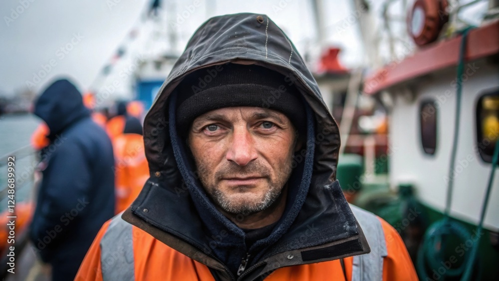 The dockhands face framed by the collar of his heavy jacket reveals deepset eyes that exhibit a calm confidence despite the hectic atmosphere around him. The dockhands face framed by the collar of his heavy jacket reveals deepset eyes that exhibit a calm confidence despite the hectic atmosphere around him.