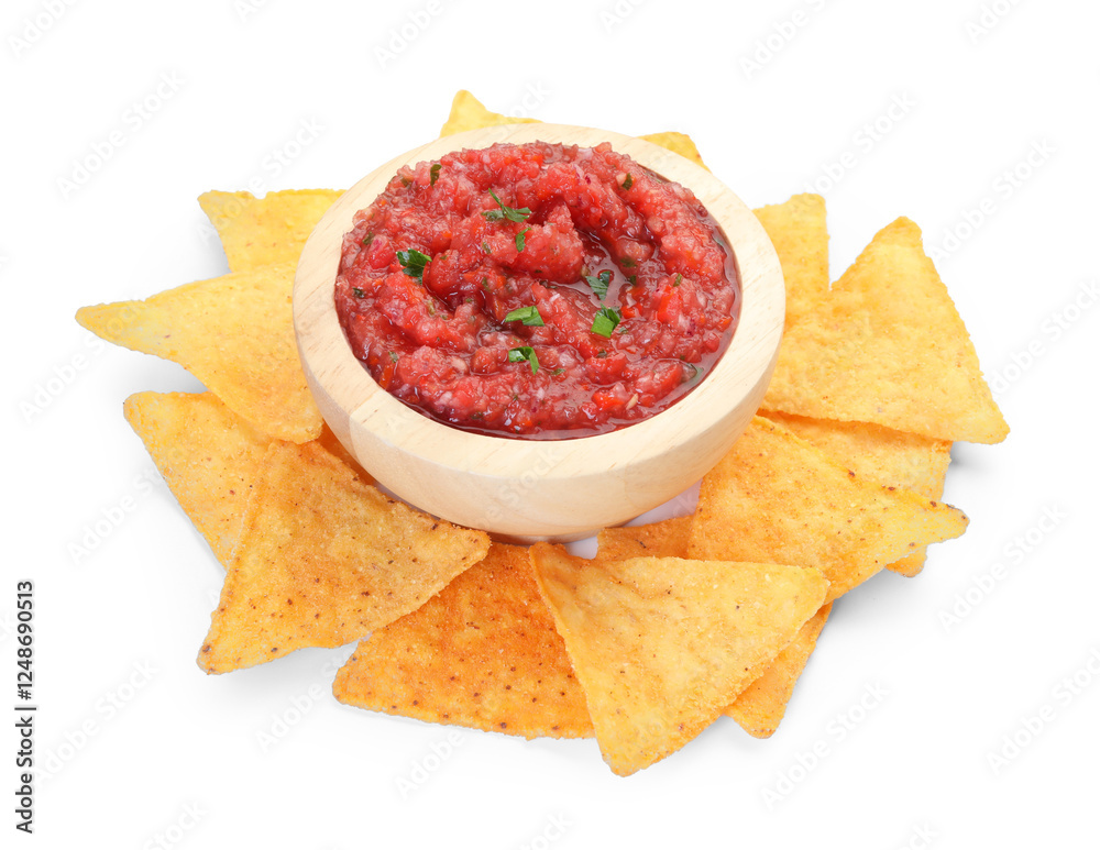 Spicy salsa sauce in bowl and nachos isolated on white Spicy salsa sauce in bowl and nachos isolated on white