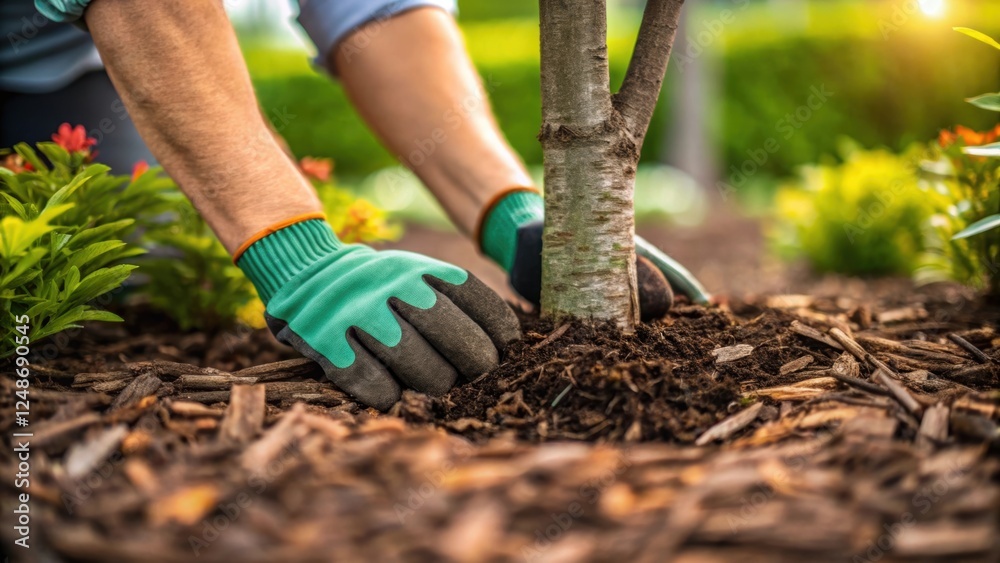 Fototapeta premium The landscapers hands adorned with gardening gloves carefully lay down mulch around the base of a small tree showcasing the details of the textured wood and rich organic material.