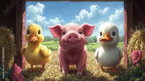 A cheerful pig and two ducklings stand in a sunny barn, surrounded by hay and flowers