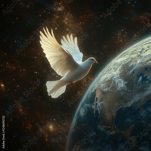 Paloma de la Paz sobre volando el planeta tierra, símbolo de la paz en la tierra y tranquilidad política.