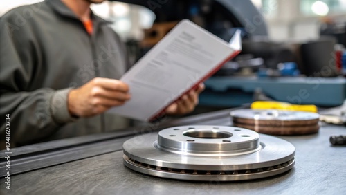 The medium closeup reveals a technician consulting a service manual a brake disc resting on the workbench beside them indicating the balance of technical skill and adherence to
