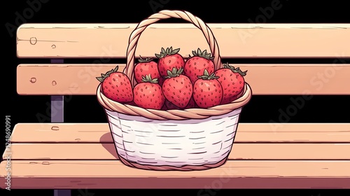 A vibrant basket of fresh strawberries resting on a wooden bench in a serene setting