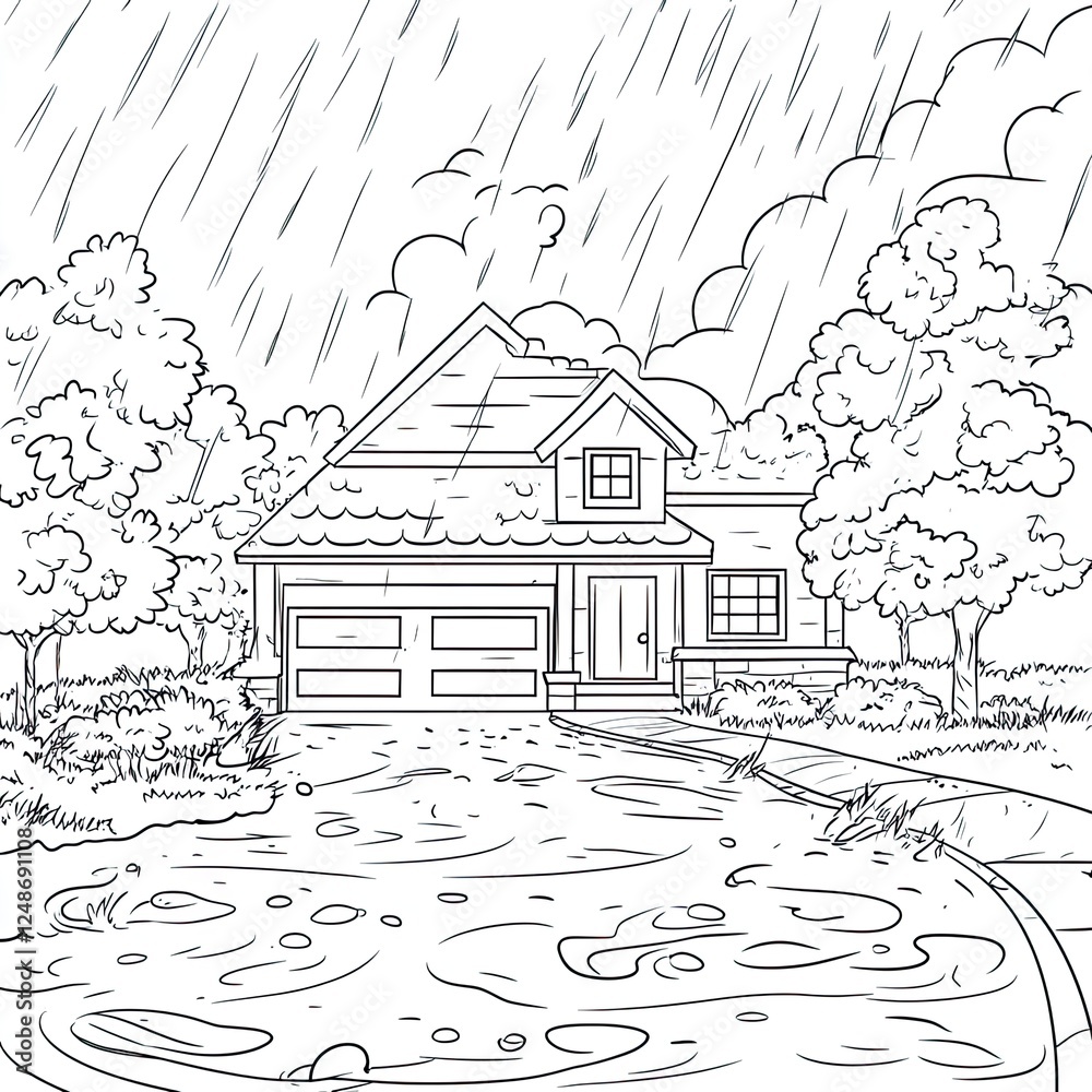 Obraz premium Rainy Day Coloring Page Simple Illustration of Child with Umbrella