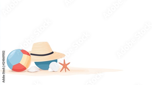 Colorful beach ball and straw hat with seashells and starfish on sandy shore background