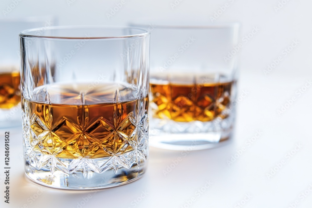 Two glasses of whiskey sitting on a table Two glasses of whiskey sitting on a table
