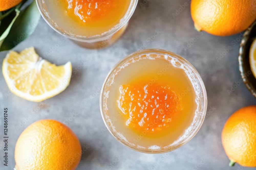 Two glasses filled with fresh orange juice on a table or counter Two glasses filled with fresh orange juice on a table or counter