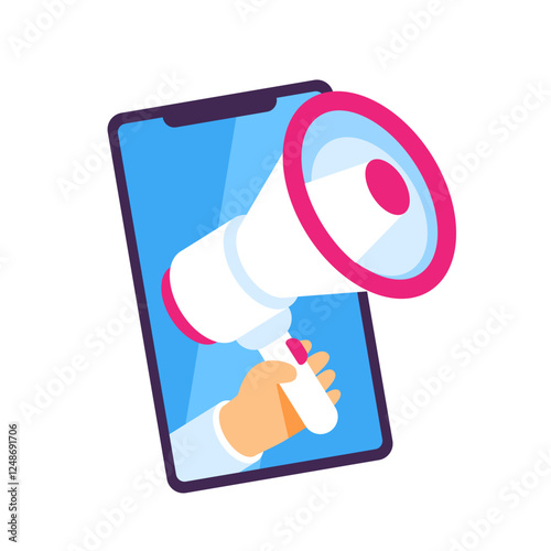 Megafon in hand smartphone. White red flat