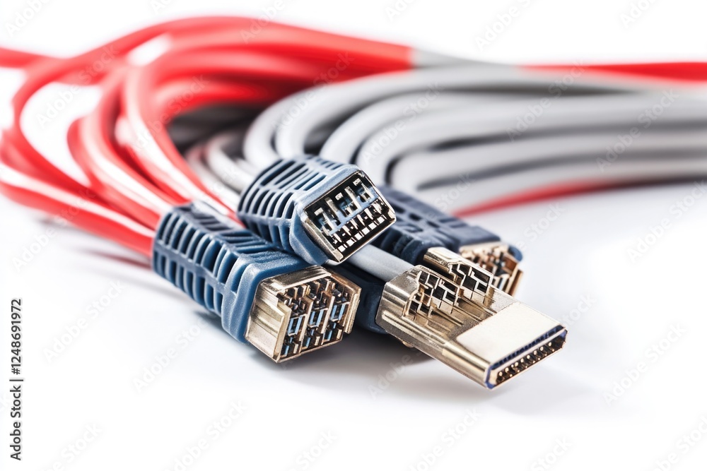 A close-up shot of various computer cables lying on a white surface, suitable for use in technology-related contexts or illustrations A close-up shot of various computer cables lying on a white surface, suitable for use in technology-related contexts or illustrations