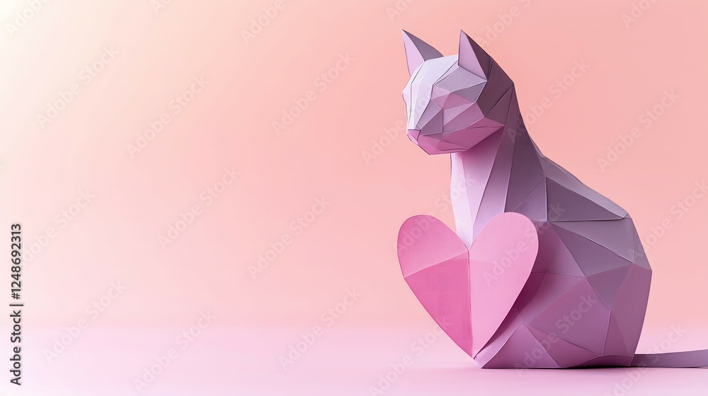 Origami, pastel purple cat with a pastel pink heart made of paper in the right side on a pastel pink background. Copy space, cat's day concept.
