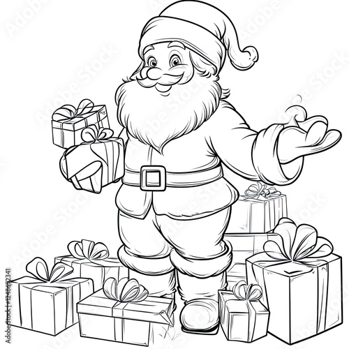 Charming Santa Claus Gift Giving Coloring Page for Kids photo