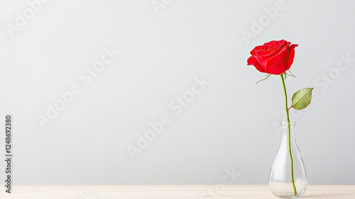 A single red rose elegantly placed in a clear vase on a minimalistic wooden table, symbolizing love