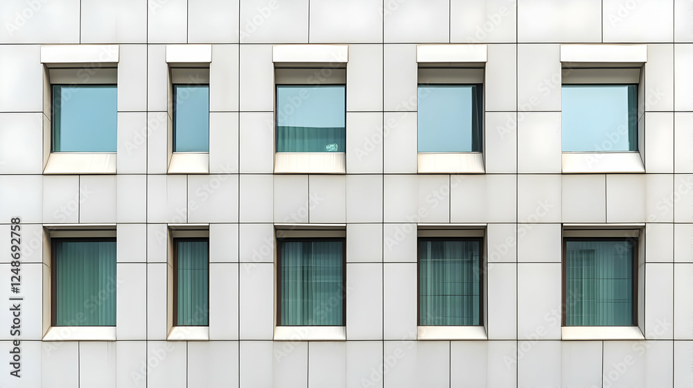 Fototapeta premium Modern building facade, city windows, light reflection, urban architecture, background texture