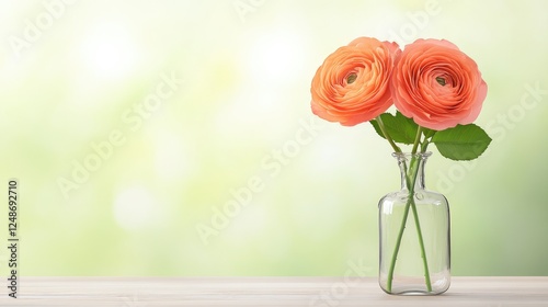 Fresh orange ranunculus flowers in a glass vase on a wooden table with a soft green background