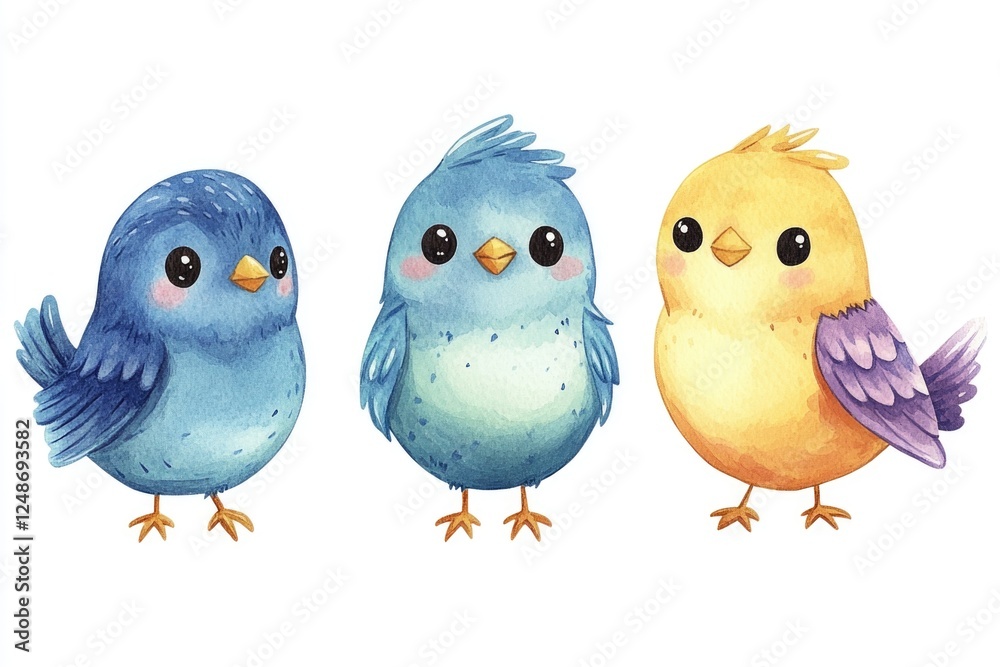 Fototapeta premium Three colorful birds stand together on a white background