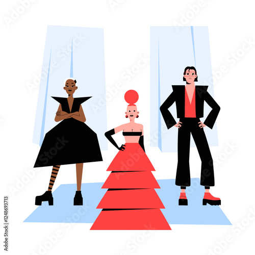 Fashion Models on Runway in Flat Vector Illustration Symbolizing Haute Couture, Style, and Trendsetting, Isolated on White Background