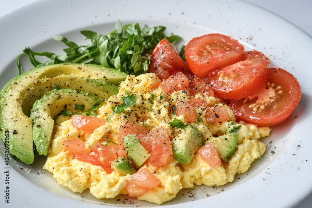 A simple breakfast plate filled with scrambled eggs, fresh tomatoes, and sliced avocado