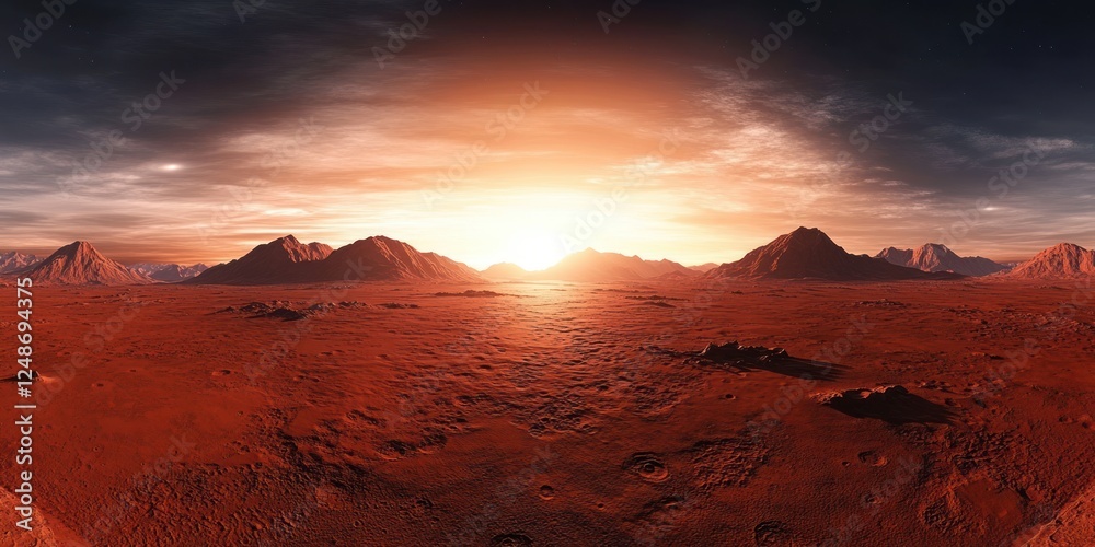 Naklejka premium Vast Red Desert Martian Landscape at Sunrise with Distant Mountains and Textures