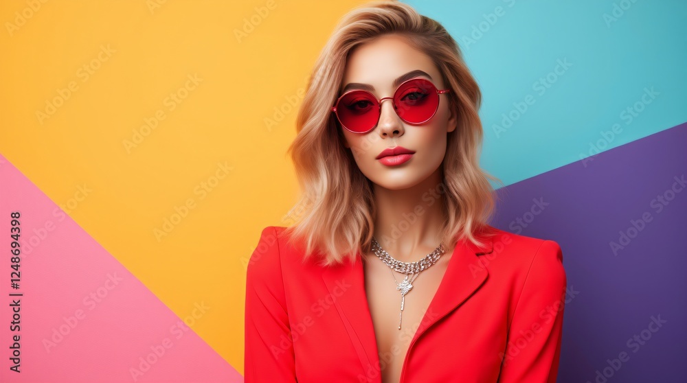 Young caucasian woman in red jacket and sunglasses on colorful geometric background. Fashion portrait for Valentines Day, Christmas, summer festivals and beauty brands marketing with copy space Young caucasian woman in red jacket and sunglasses on colorful geometric background. Fashion portrait for Valentines Day, Christmas, summer festivals and beauty brands marketing with copy space