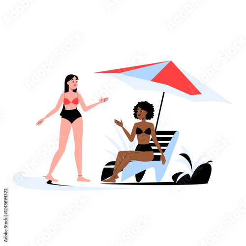 Women Chatting On The Beach Under Umbrella In Flat Vector Illustration Symbolizing Relaxation, Friendship, And Vacation, Isolated On White Background