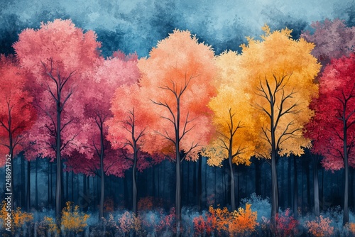 Vibrant autumn forest showcasing red, orange, and yellow foliage during a coo...