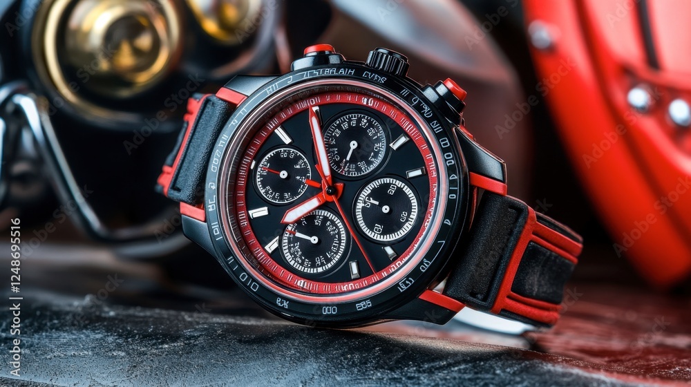 Obraz premium A bold racing-style chronograph watch with red and black accents.