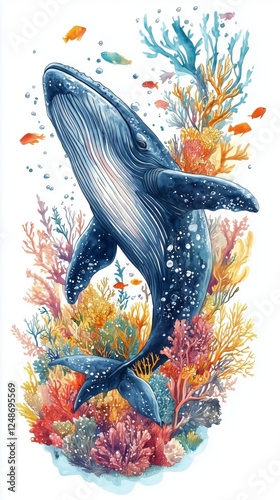Whale swimming gracefully through colorful underwater coral reef
