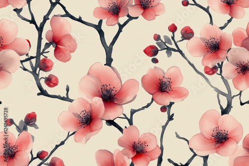 Blossoming pink flowers on branches create a vibrant pattern for spring dcor ...