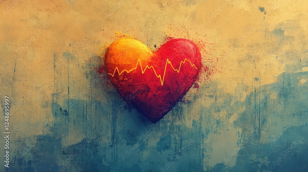 Vibrant heart illustration with heartbeat line on textured background, symbolizing love and life Vibrant heart illustration with heartbeat line on textured background, symbolizing love and life
