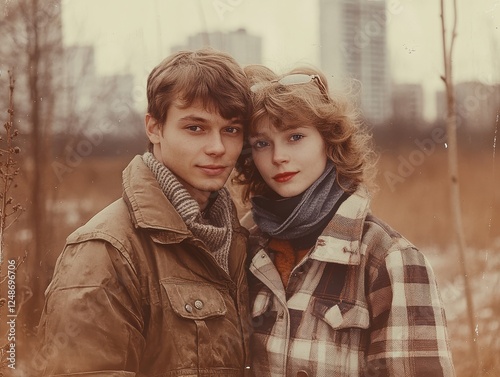Romantic Vintage Couple in a 1980s Winter Setting