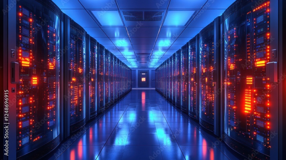 Futuristic Cyberpunk Data Center Corridor with Server Racks and Blue Light Futuristic Cyberpunk Data Center Corridor with Server Racks and Blue Light