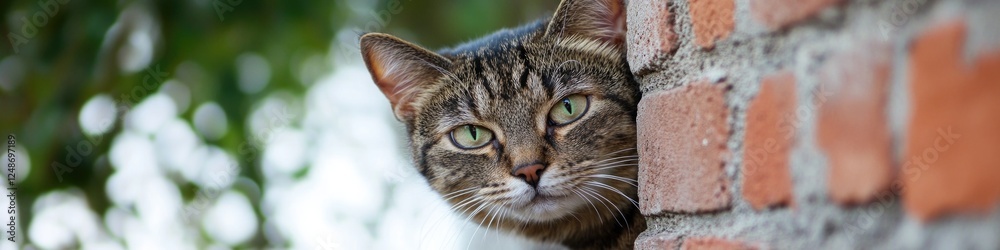 A curious cat hiding behind a brick wall, perfect for backgrounds and scenes A curious cat hiding behind a brick wall, perfect for backgrounds and scenes