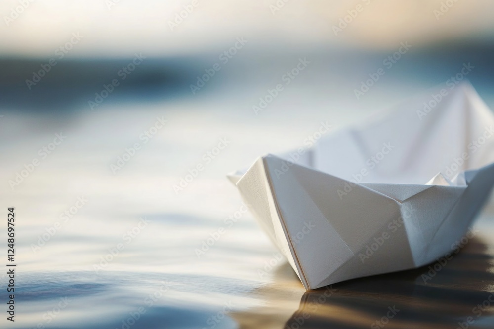 Obraz premium A simple paper boat floats on the surface of calm water, perfect for illustration or decoration