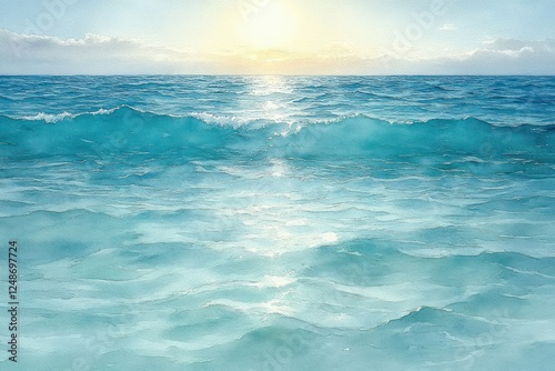 Tranquil Sea Watercolor Painting Morning Light Waves Reflections Tropical Beach