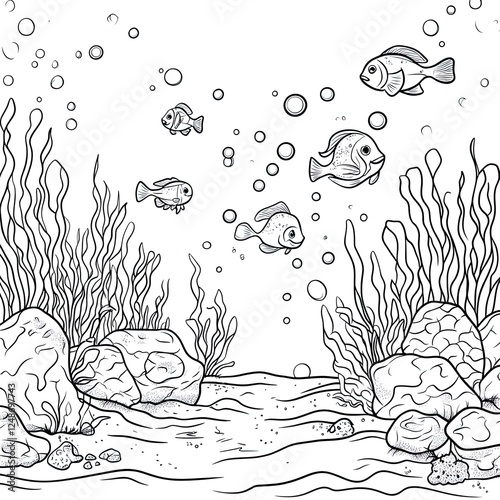 Fototapeta Naklejka Na Ścianę i Meble -  Underwater Scene Coloring Book Page Ocean Life Illustration