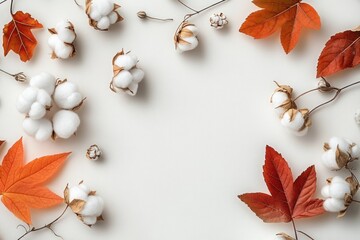 Autumn Leaves and Cotton Flowers Natural Composition on Pastel Background