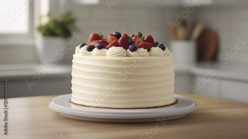 Delicious cake adorned with fresh berries prepared in a modern kitchen setting