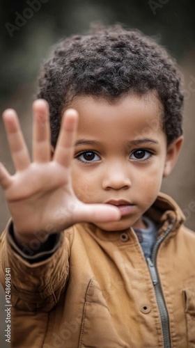 Niño africano deteniendo con la mano abierta, negándose, no al hambre y a la discriminación racial.