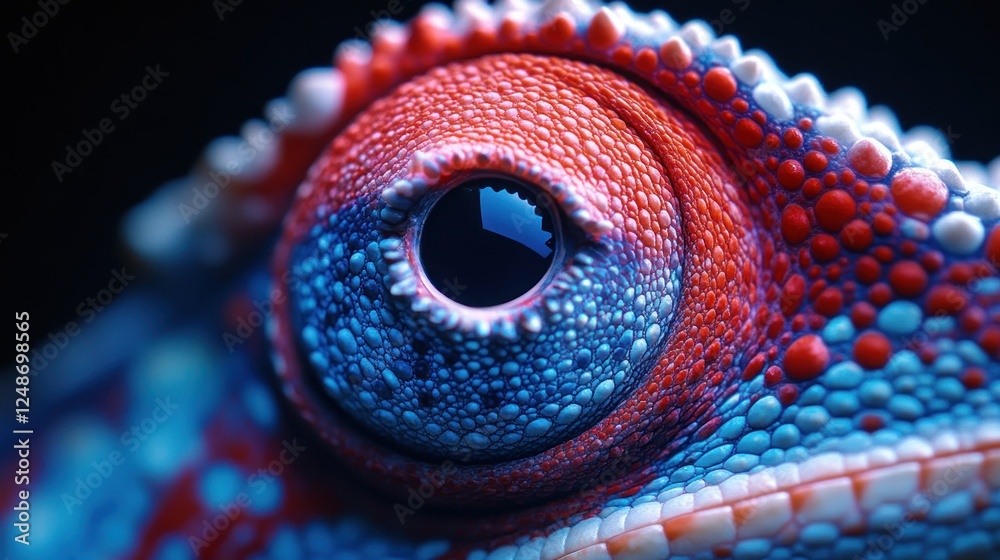 Fototapeta premium Close-up of a chameleon's eye, vibrant red, blue, and white scales.