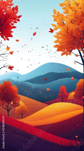 Vibrant autumn landscape with colorful trees and rolling hills under a clear sky