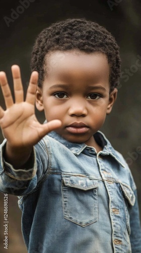 Niño africano deteniendo con la mano abierta, negándose, no al hambre y a la discriminación racial.